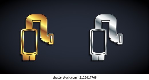 Gold and silver Car muffler icon isolated on black background. Exhaust pipe. Long shadow style. Vector