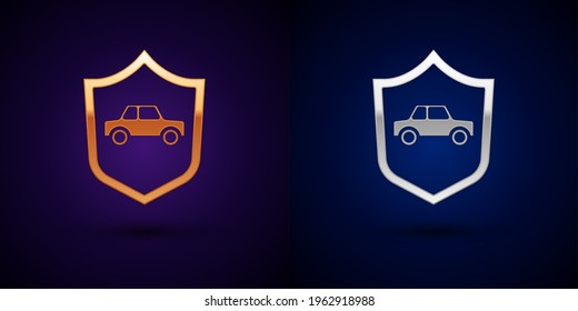 Gold and silver Car with shield icon isolated on black background. Insurance concept. Security, safety, protection, protect concept.  Vector