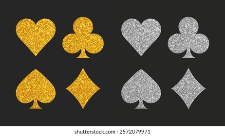 Gold and silver card suit icons. Vector clubs diamonds hearts spades shapes. Casino Poker and gambling graphic elements. Vector symbols