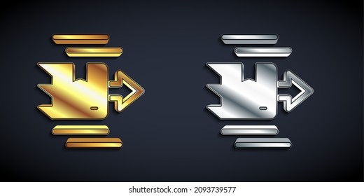 Gold and silver Carton cardboard box icon isolated on black background. Box, package, parcel sign. Delivery and packaging. Long shadow style. Vector