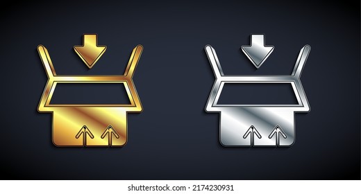 Gold and silver Carton cardboard box icon isolated on black background. Box, package, parcel sign. Delivery and packaging. Long shadow style. Vector