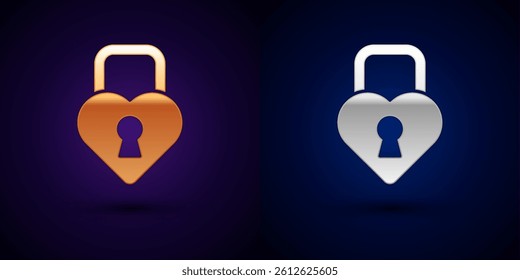 Gold and silver Castle in the shape of a heart icon isolated on black background. Locked Heart. Love symbol and keyhole sign.  Vector