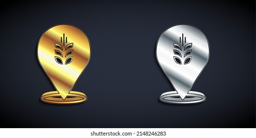 Gold and silver Cereals set with rice, wheat, corn, oats, rye, barley icon isolated on black background. Ears of wheat bread symbols. Long shadow style. Vector