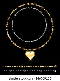 Gold and silver chain adorned with gold jewelry heart on black background.