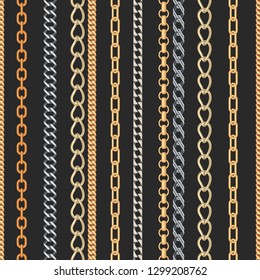 Gold and silver Chain Jewelry seamless pattern on black background. Design element for textile, fabric, wallpaper or etc. Vector Illustration.