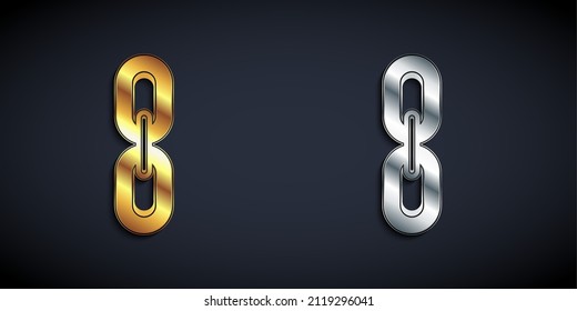 Gold and silver Chain link icon isolated on black background. Link single. Hyperlink chain symbol. Long shadow style. Vector