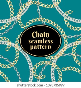 Gold and silver chains on greenish-blue background. Seamless pattern vector image. Print on textile. Fabric background design.