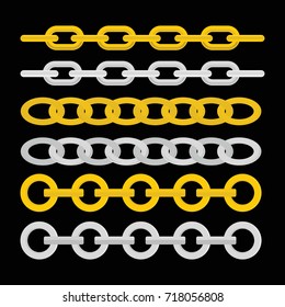Gold and silver chains set. Flat collection of Gold and silver chains vector for web isolated on black background