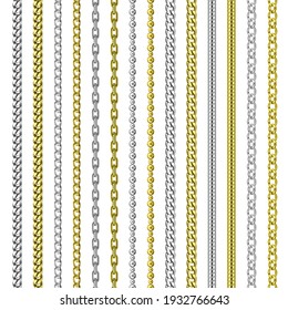 Gold and silver chains set. jewelry links. Realistic vector illustration isolated on white background