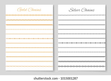 Gold and silver chains, set of posters with types of jewelry made of different materials, precious objects collection, isolated on vector illustration