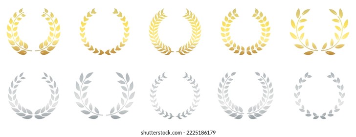 Gold and Silver Chaplet Silhouette Icon. Laurel Wreath Award Symbol Set. Best Champion Round Floral Trophy Pictogram. Olive Leaves Branch Success Emblem. Circular Reward. Isolated Vector Illustration.