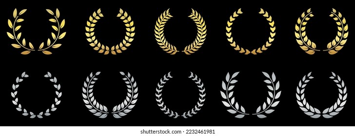 Gold and Silver Chaplet Silhouette Icon. Laurel Wreath Award Symbol Set. Best Champion Round Floral Trophy Pictogram. Olive Leaves Branch Success Emblem. Circular Reward. Isolated Vector Illustration.