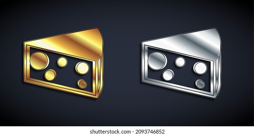 Gold and silver Cheese icon isolated on black background. Long shadow style. Vector