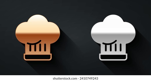 Icono de sombrero de chef dorado y plateado aislado en fondo negro. Símbolo de cocina. Cocina sombrero. Estilo de sombra larga. Vector
