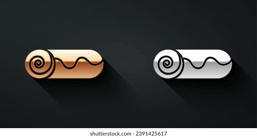 Gold and silver Chocolate roll cake icon isolated on black background. Long shadow style. Vector