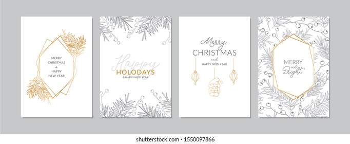 Gold and silver Christmas cards set with hand drawn tree branches and berries. Doodles and sketches vector illustrations, DIN A6