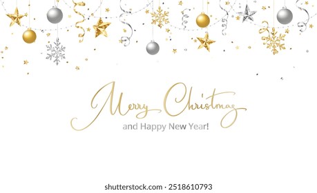 Gold and silver Christmas decoration. Elegant Merry Christmas calligraphy. Holiday border, frame. Festive vector background. Garland with glitter stars. For New Year cards, headers, party posters.