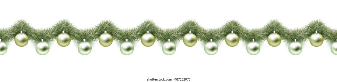 Gold silver christmas decoration isolated on white. Vintage abstract winter holiday seamless background, border. Shiny xmas ornaments and tinsel repeating pattern. Monochrome vector illustration.