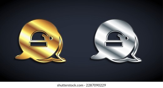 Gold and silver Christmas Santa Claus hat icon isolated on black background. Merry Christmas and Happy New Year. Long shadow style. Vector