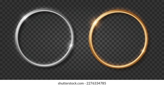 Gold and silver chrome ring frame realistic. Round 3d banner with glow shine and light effect.