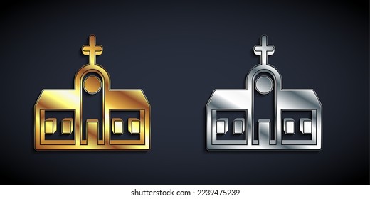 Gold and silver Church building icon isolated on black background. Christian Church. Religion of church. Long shadow style. Vector