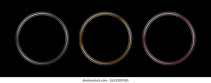 Gold and silver circle thin frame set. Shiny metal foil circle border collection. Golden glowing boarder bundle in art deco style. Linear round element pack for photo, cadre, card, emblem. Vector 