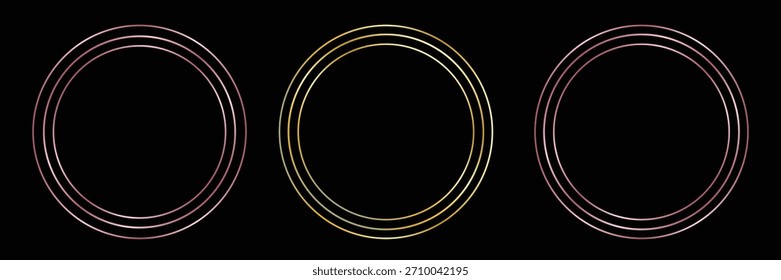 Conjunto de marco delgado de círculo dorado y plateado. Colección de borde de círculo de lámina metálica brillante. Paquete de madera brillante de oro en estilo art deco. Paquete de elementos redondos lineales para foto, cuadro, tarjeta, emblema. Vector