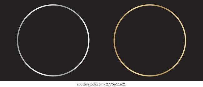 Gold  and silver circle thin frames. Blank metal ring, button, stamp, emblem, sticker, label. First, second and third place medals isolated on black background. Abstract vector illustration set. Eps10