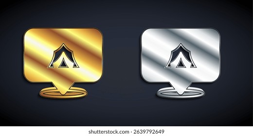 Gold and silver Circus tent icon isolated on black background. Carnival camping tent. Amusement park. Long shadow style. Vector