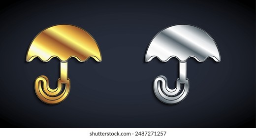 Gold and silver Classic elegant opened umbrella icon isolated on black background. Rain protection symbol. Long shadow style. Vector