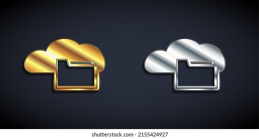Gold and silver Cloud or online library icon isolated on black background. Internet education or distance training. Long shadow style. Vector