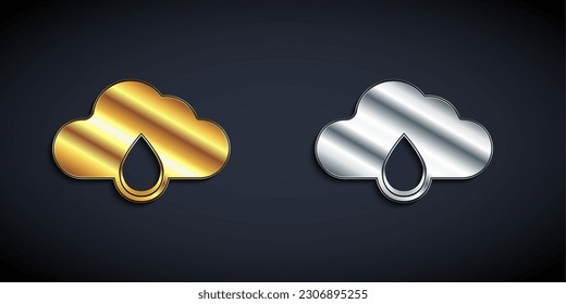 Gold and silver Cloud with rain icon isolated on black background. Rain cloud precipitation with rain drops. Long shadow style. Vector