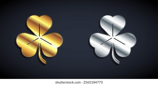 Gold and silver Clover icon isolated on black background. Happy Saint Patrick day. Long shadow style. Vector