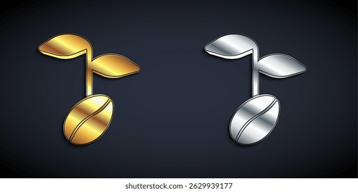 Gold and silver Coffee beans icon isolated on black background. Long shadow style. Vector