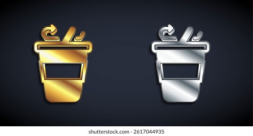 Gold and silver Coffee cup to go icon isolated on black background. Long shadow style. Vector