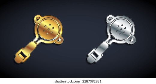 Gold and silver Coffee filter holder icon isolated on black background. Long shadow style. Vector