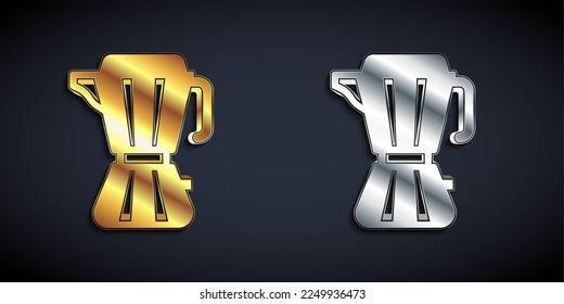 Gold and silver Coffee maker moca pot icon isolated on black background. Long shadow style. Vector