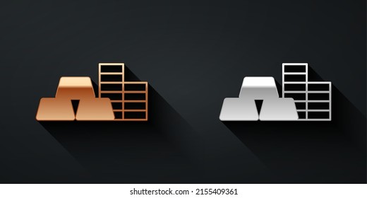 Gold and silver Gold coin with gold bars icon isolated on black background. Banking currency sign. Cash symbol. Long shadow style. Vector