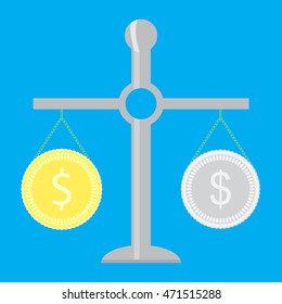 Gold and silver coin on scale. Money currency concept, wealth finance, vector illustration