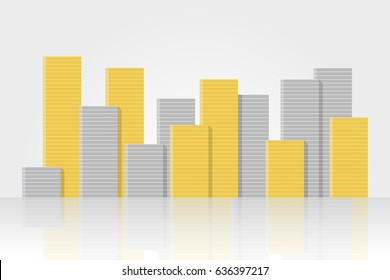 Gold and Silver Coin Stack Skyscrapers, city skyline shape. Vector.
