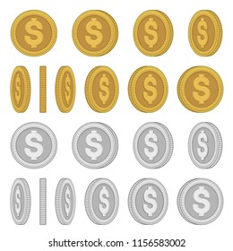 Gold and Silver Coins with Different Rotation Angles Set. Vector