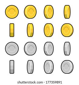 Gold and Silver coins with different rotation angles.