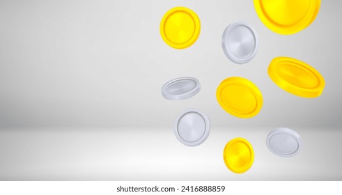 Las monedas de oro y plata se caen. Concepto de Jackpot. Banner vectorial 3d con espacio de copia