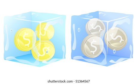 gold silver coins frozen in ice cube. money illustration isolated on white background