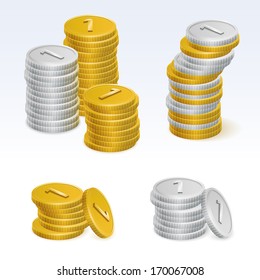 Monedas de oro y plata apilan iconos vectores