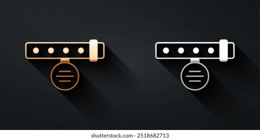 Gold and silver Collar with name tag icon isolated on black background. Simple supplies for domestic animal. Cat and dog care. Pet chains. Long shadow style. Vector