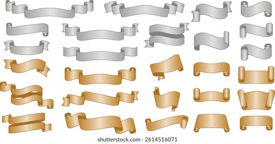 Gold and silver Colored Ribbon Set. Golden Labels. Empty Banner Design Element with Space for Text. Decorative Award Ribbons Blank Collection.