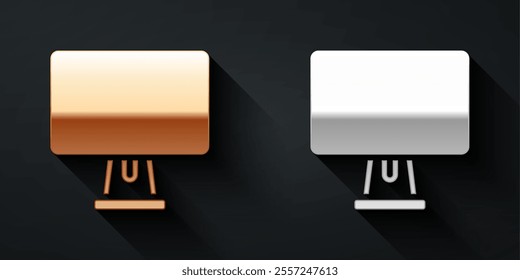 Gold and silver Computer monitor screen icon isolated on black background. Electronic device. Front view. Long shadow style. Vector