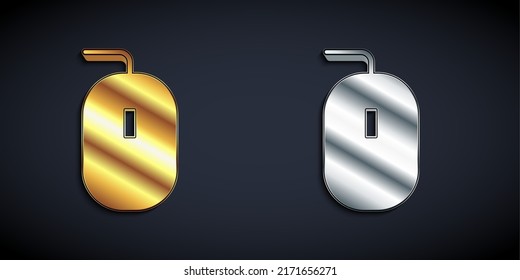 Gold and silver Computer mouse gaming icon isolated on black background. Optical with wheel symbol. Long shadow style. Vector
