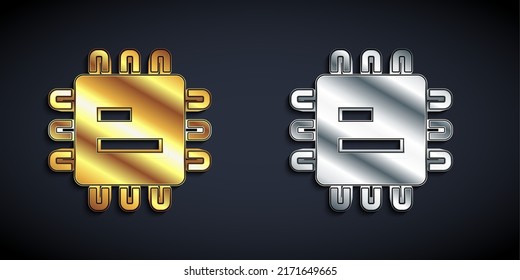 Gold And Silver Computer Processor With Microcircuits CPU Icon Isolated On Black Background. Chip Or Cpu With Circuit Board. Micro Processor. Long Shadow Style. Vector